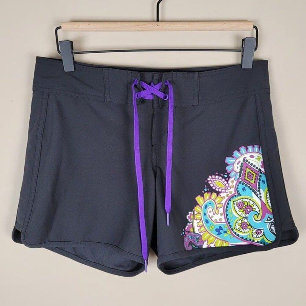 Athleta Size 2 Zanzibar Board Shorts Black UPF 50 Stretch Graphic Print